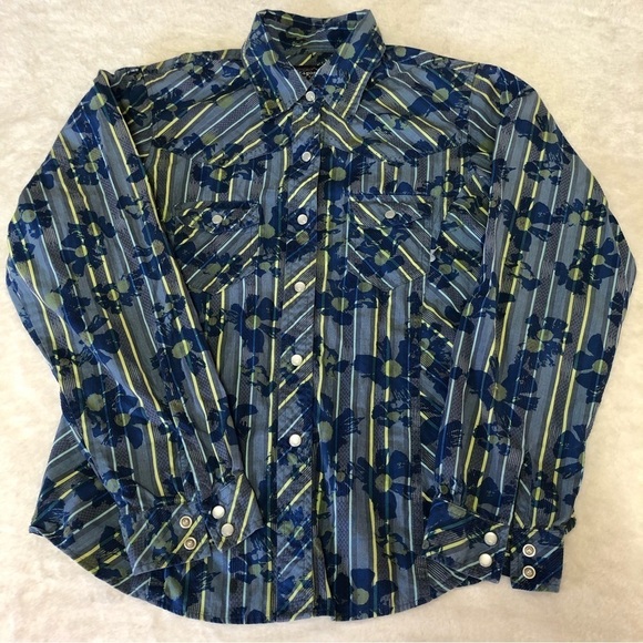 Patagonia Blue & Yellow Flowers Pattern Pearl Snaps Long Sleeve Shirt Size Med - Picture 3 of 8